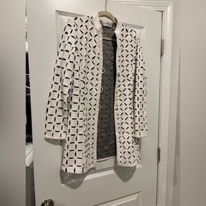 Joseph Ribkoff White Openwork Cutout Long Jacket with Black Lining